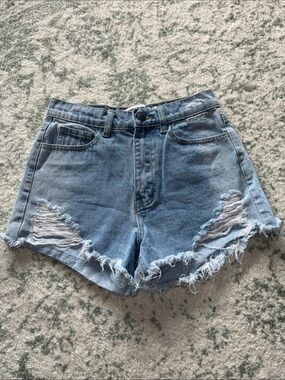 Women’s Light Blue Distressed Denim Shorts with Frayed Hem